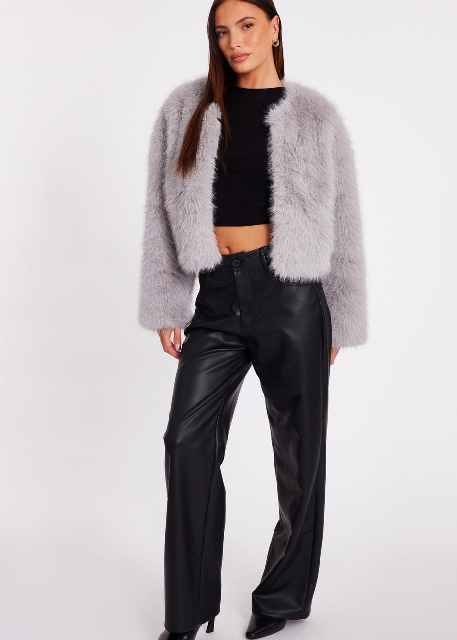 Quiz Grey Collarless Faux Fur Jacket