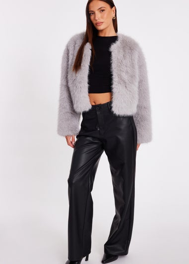 Quiz Grey Collarless Faux Fur Jacket