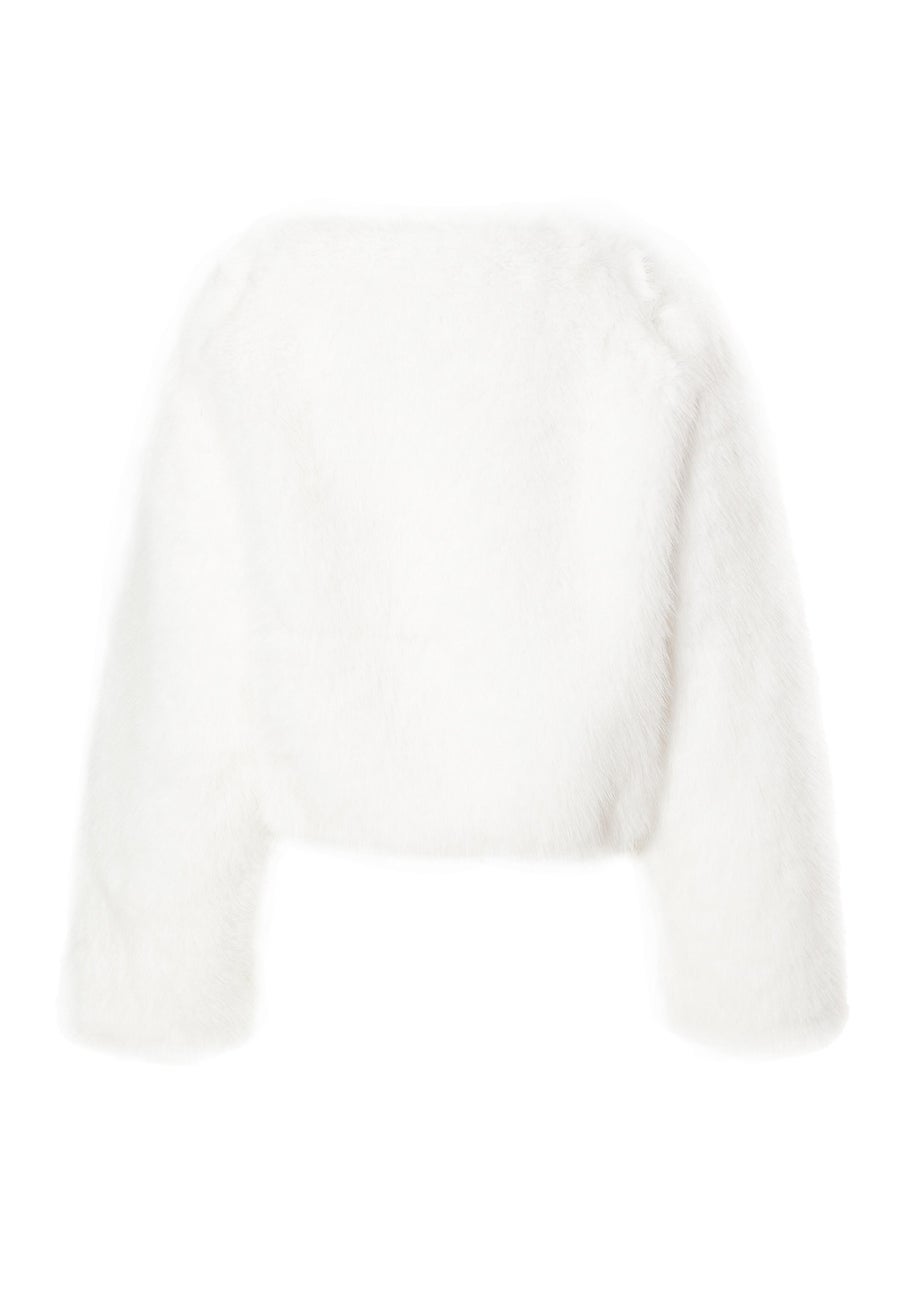 Quiz White Collarless Faux Fur Jacket