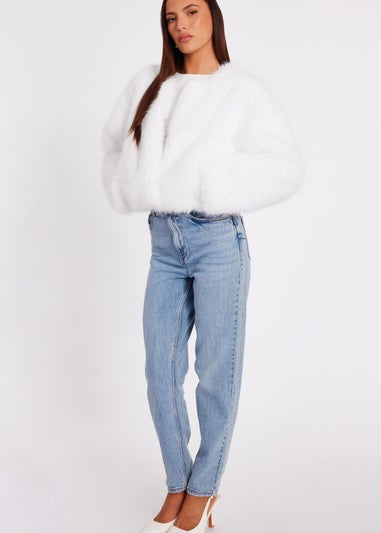 Quiz White Collarless Faux Fur Jacket