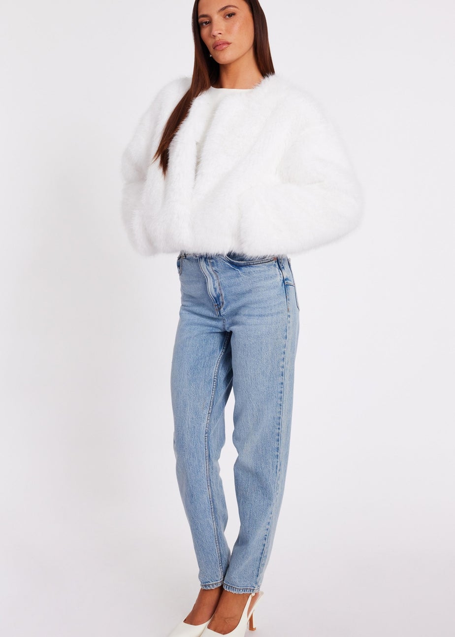 Quiz White Collarless Faux Fur Jacket