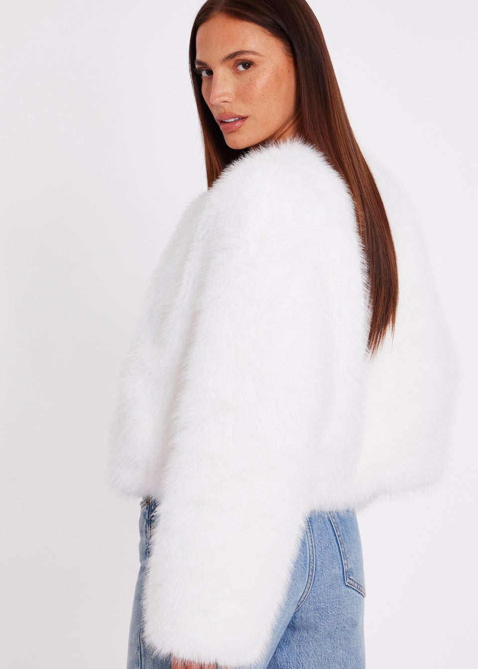 Quiz White Collarless Faux Fur Jacket