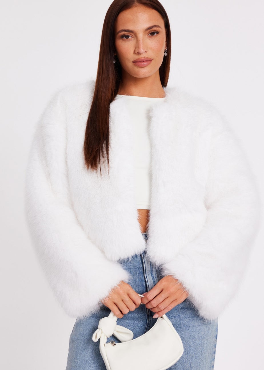 Quiz White Collarless Faux Fur Jacket