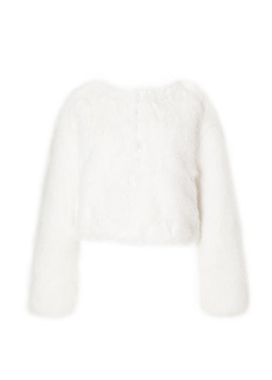 Quiz White Collarless Faux Fur Jacket