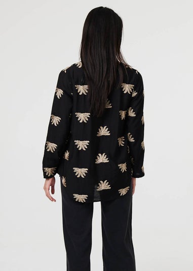 Izabel London Black Embroidered Pleat 3/4 Sleeve Blouse