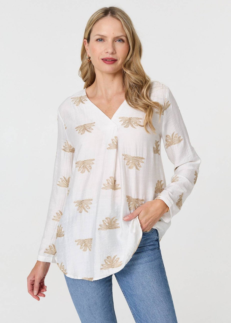 Izabel London White Embroidered Pleat 3/4 Sleeve Blouse