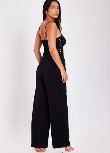 Quiz Black Embellished Mesh Bodice Jumpsuit