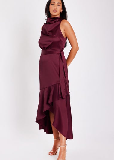 Quiz Burgundy Satin Dip Hem Midaxi Dress