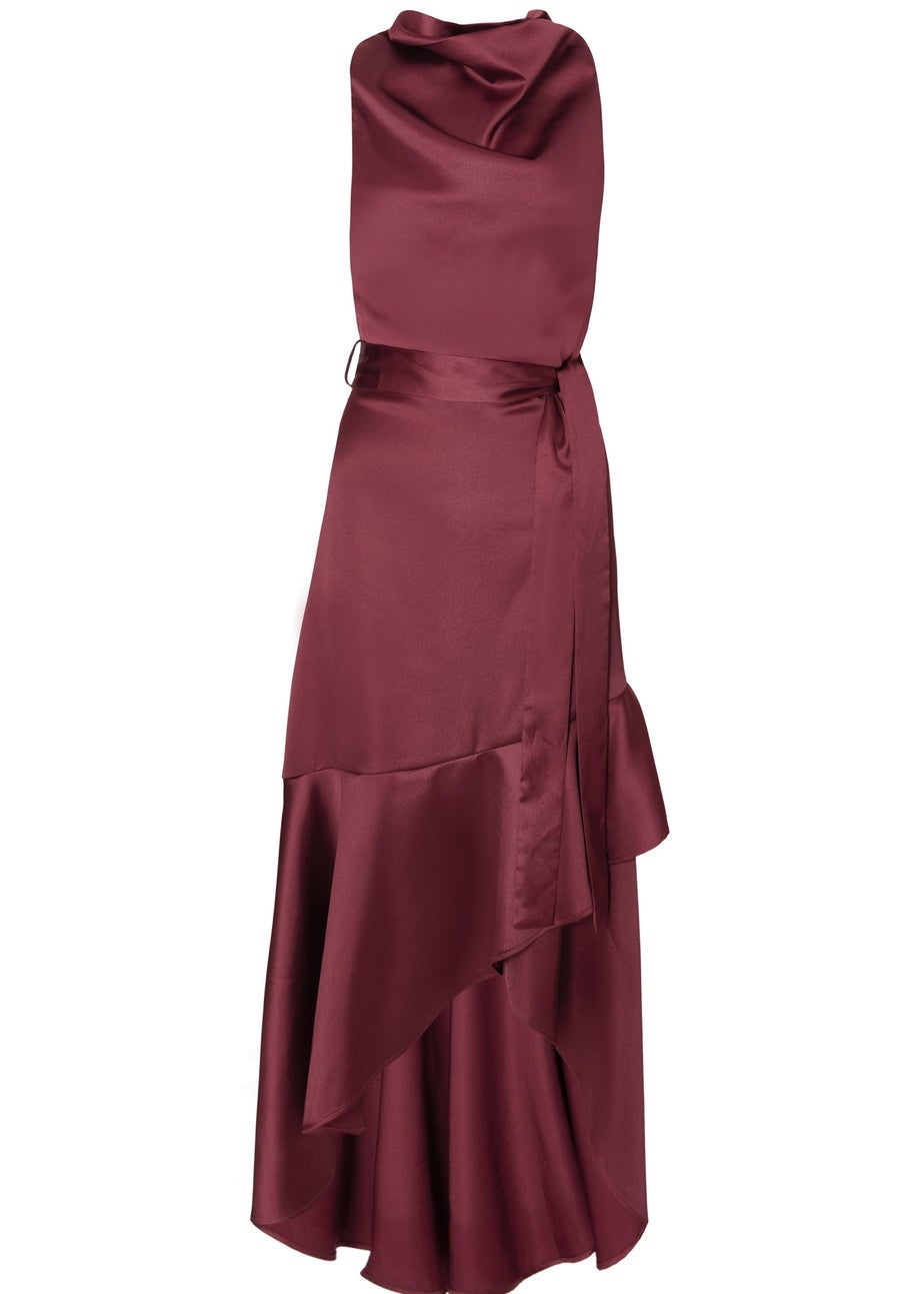 Quiz Burgundy Satin Dip Hem Midaxi Dress