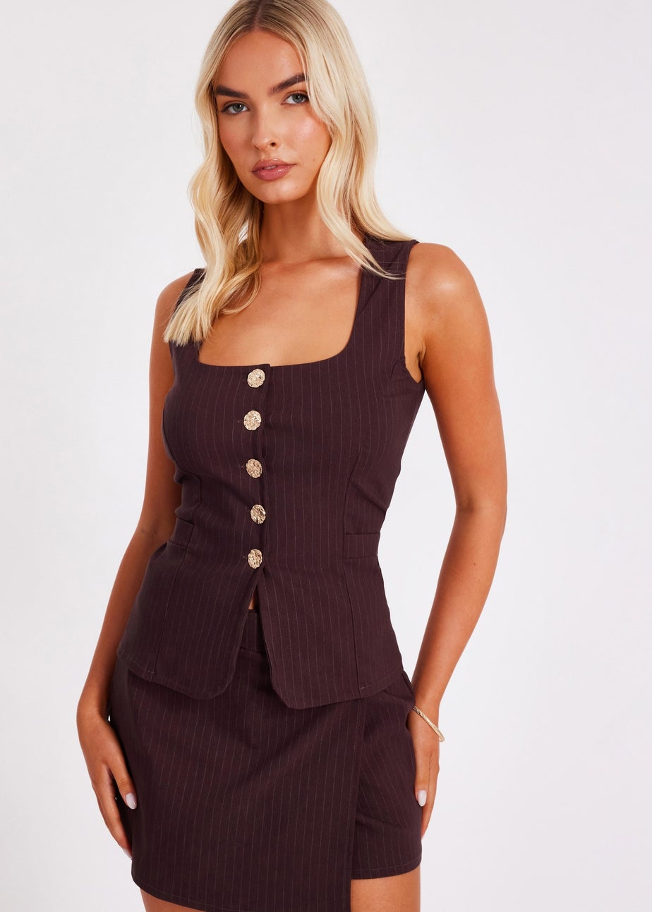 Quiz Brown Pinstripe Button Front Waistcoat