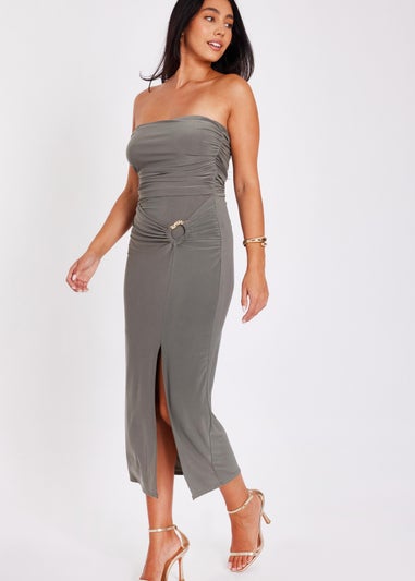 Quiz Khaki Strapless Buckle Detail Midaxi Dress
