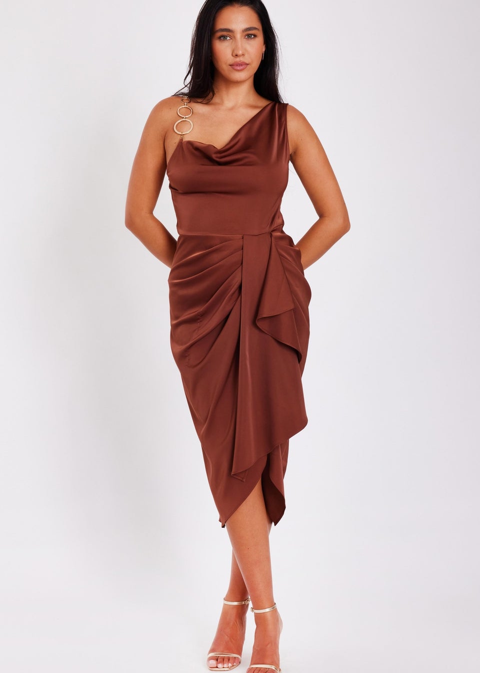 Quiz Brown Satin Ring Strap Midi Dress
