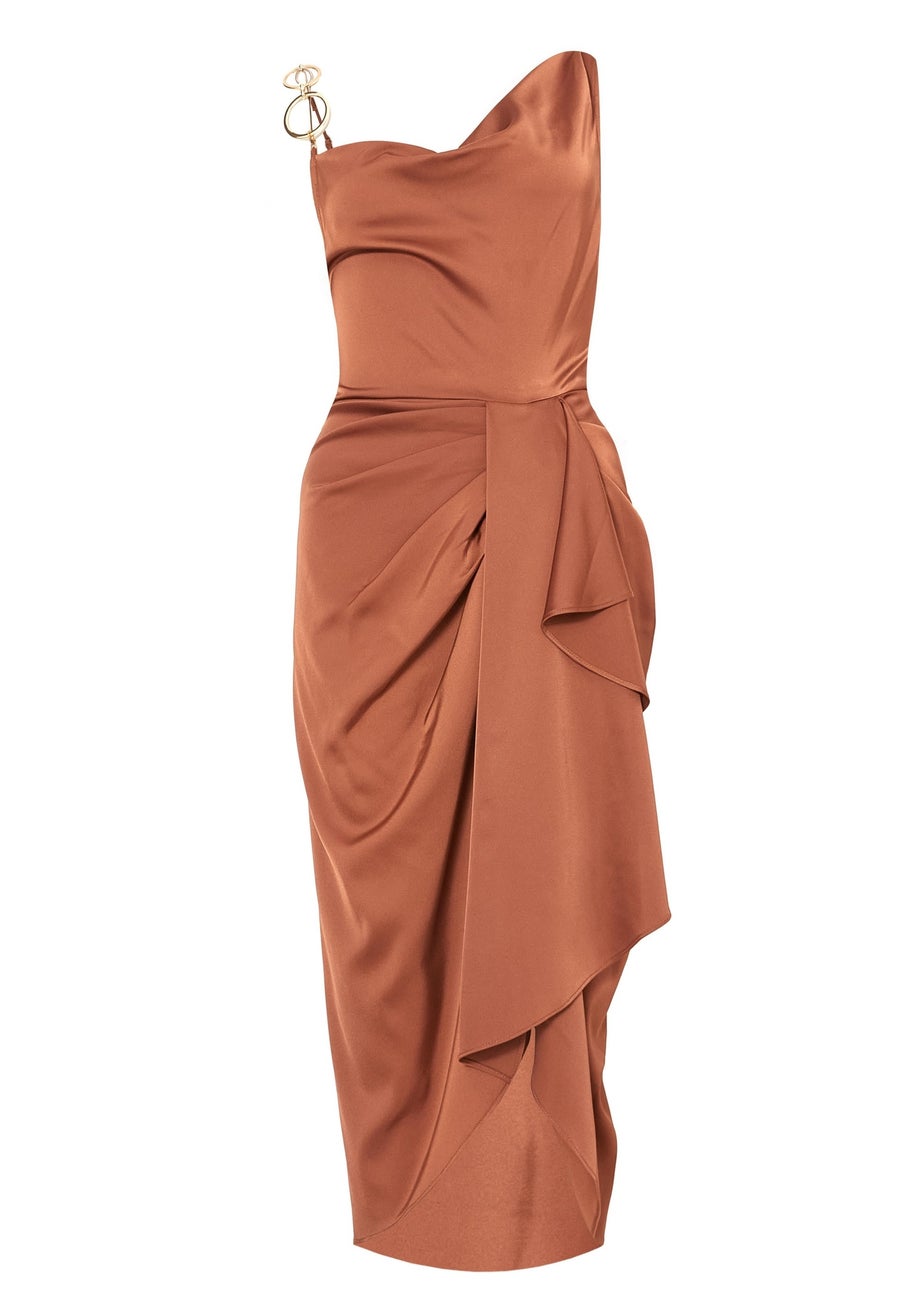 Quiz Brown Satin Ring Strap Midi Dress