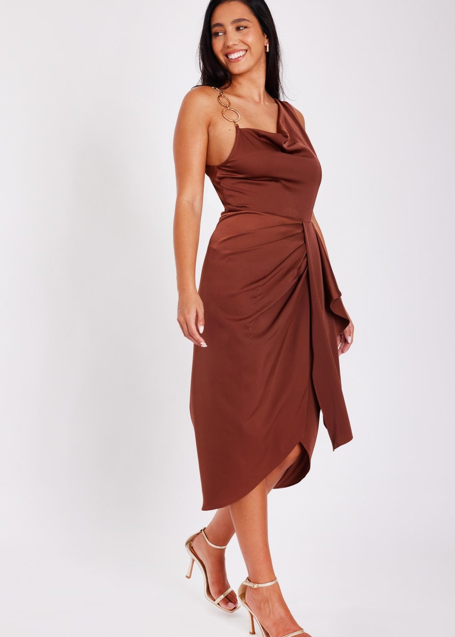 Quiz Brown Satin Ring Strap Midi Dress