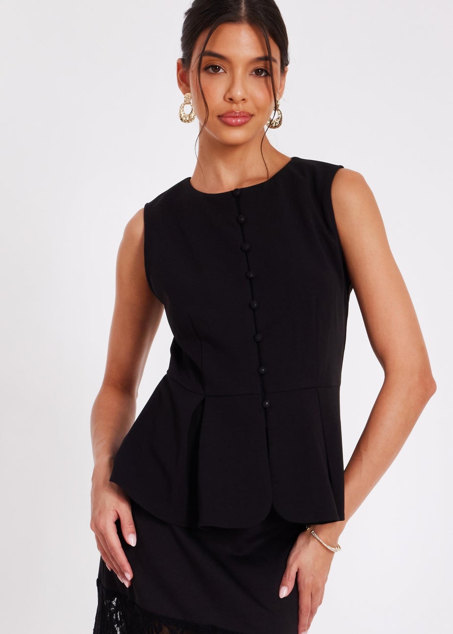 Quiz Black Button Front Peplum Top