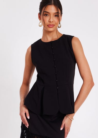 Quiz Black Button Front Peplum Top