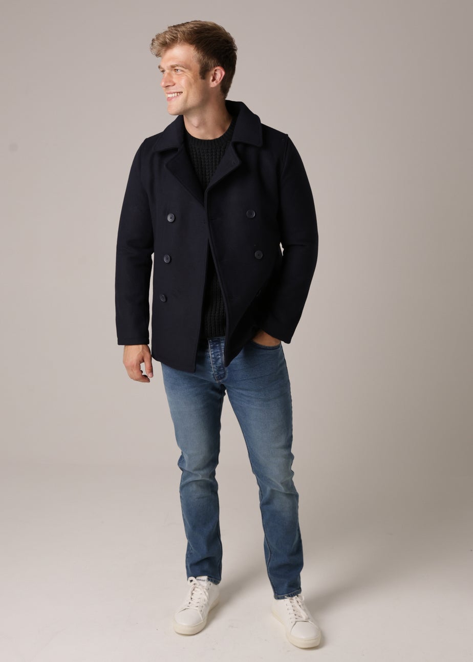 French Connection Navy Double Breasted Funnel Pea Coat