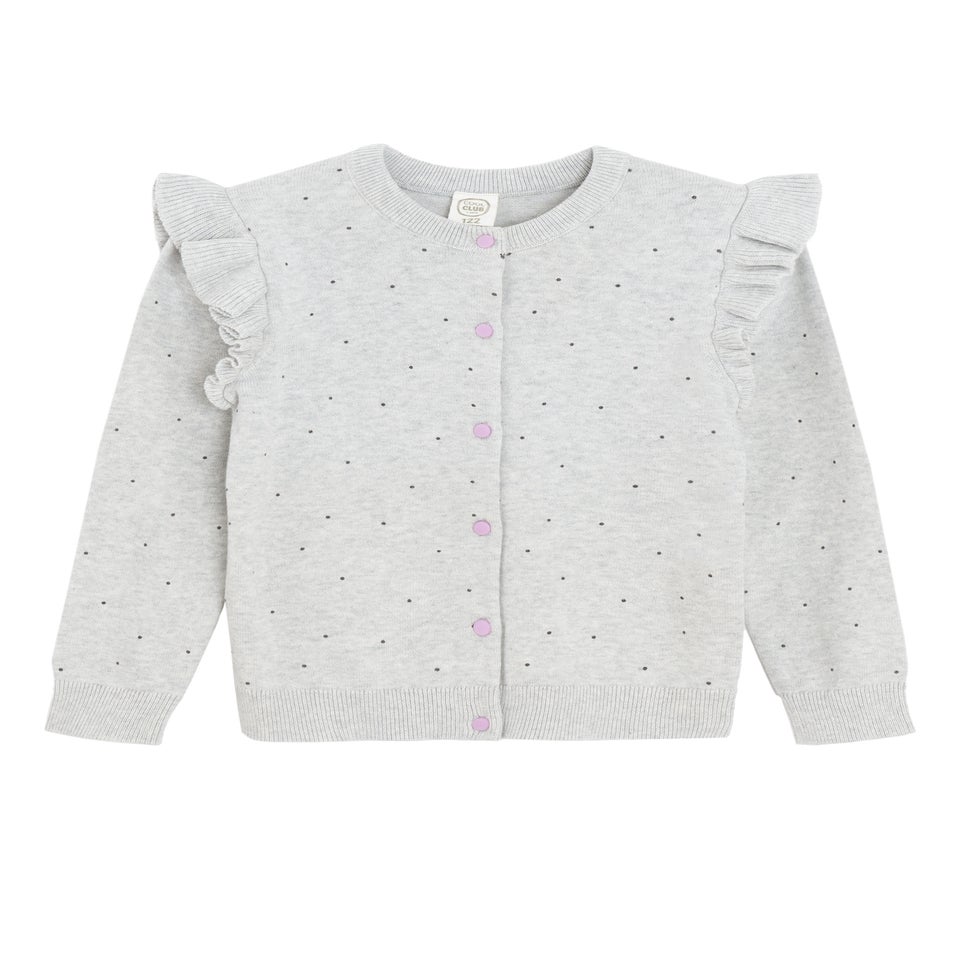 Cool Club Grey Button-Up Polka Dot Ruffle Shoulder Cardigan (3-8 yrs)