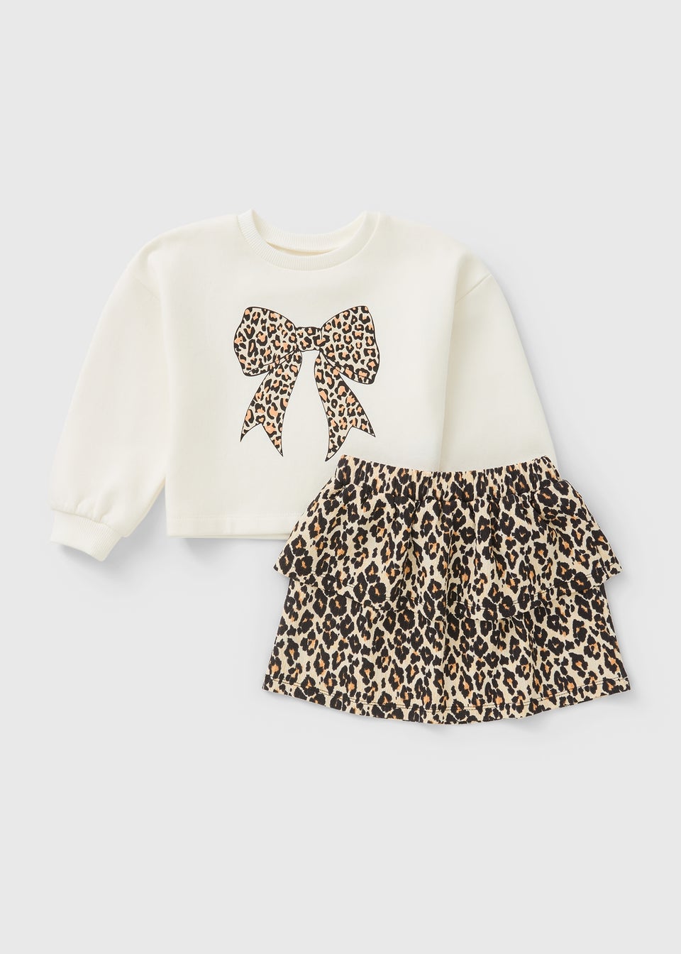 Girls Cream Leopard Crinkle Sweatshirt & Skirt Set (1-7yrs)