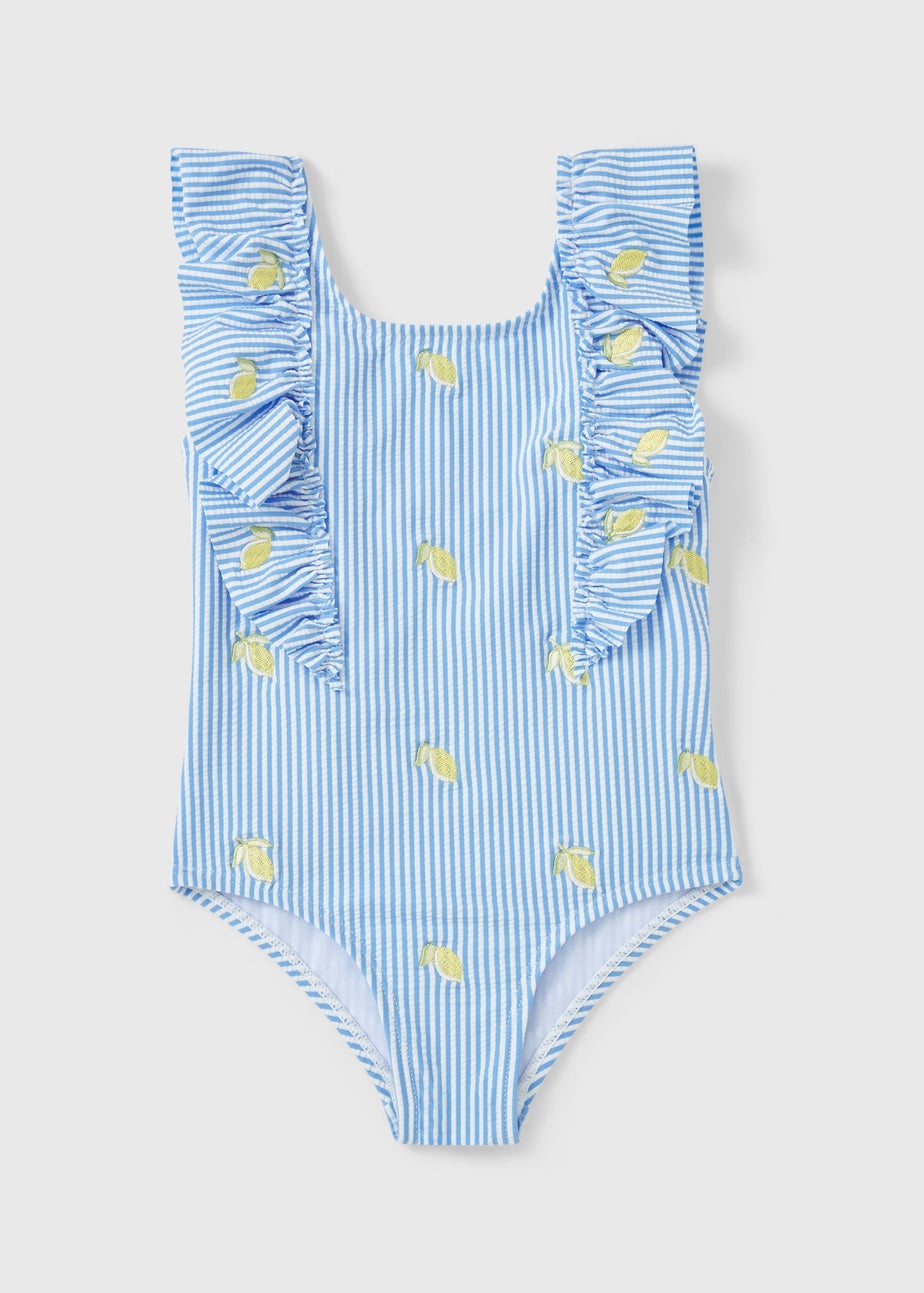 Girls Blue Stripe Lemon Frill Swimming Costume (1-7yrs)