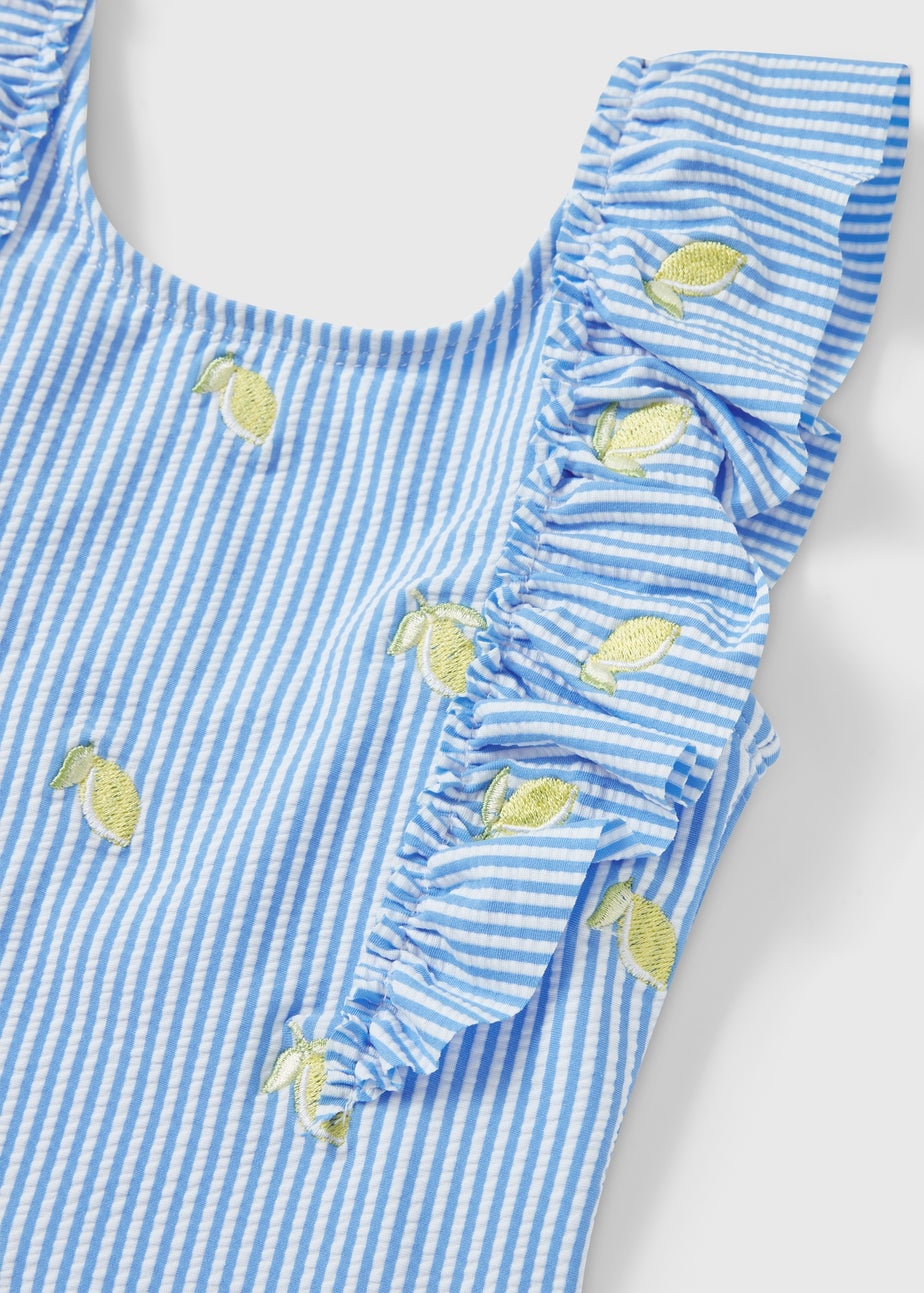 Girls Blue Stripe Lemon Frill Swimming Costume (1-7yrs)
