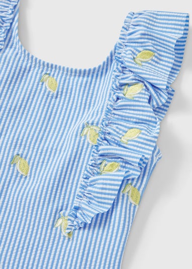 Girls Blue Stripe Lemon Frill Swimming Costume (1-7yrs)