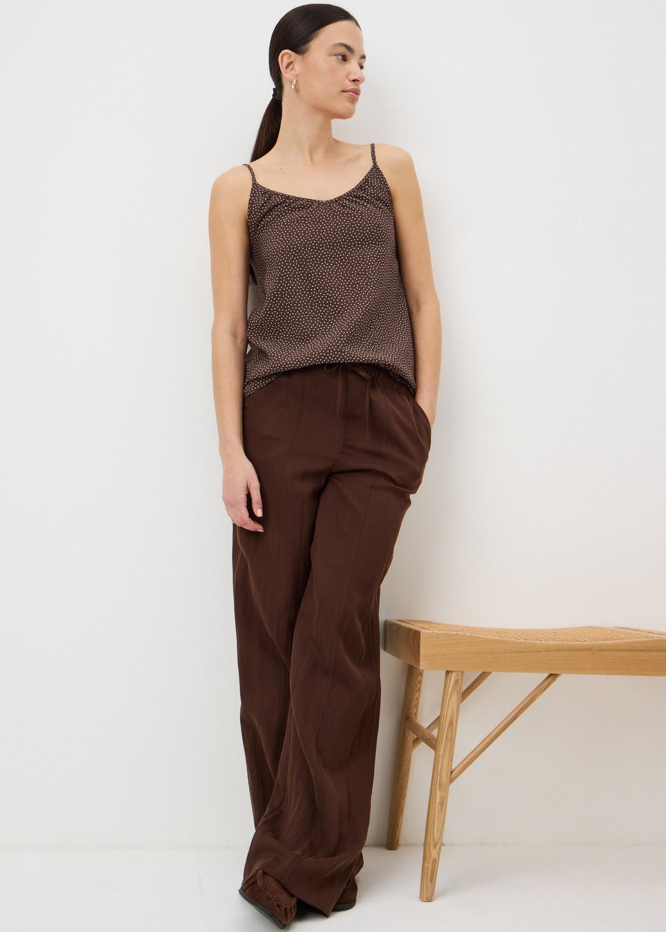 Brown Polka Dot Ruched Cami Top