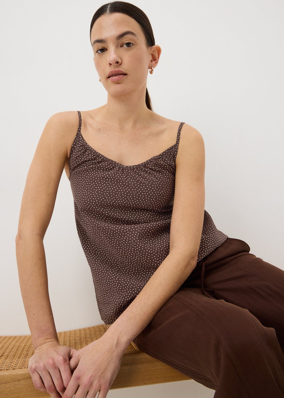 Brown Polka Dot Ruched Cami Top