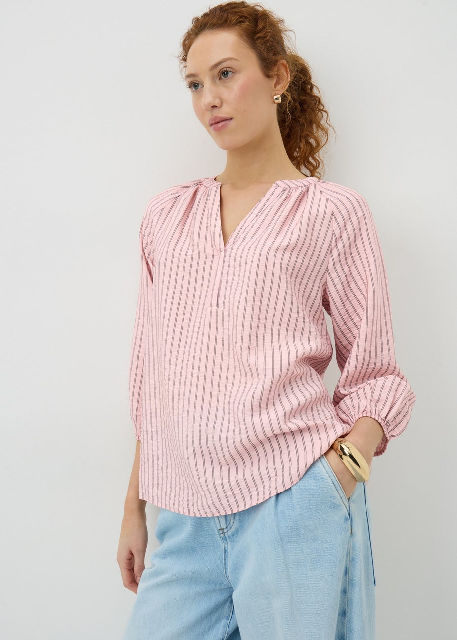 Pink Stripe 3/4 Sleeve Popover Blouse