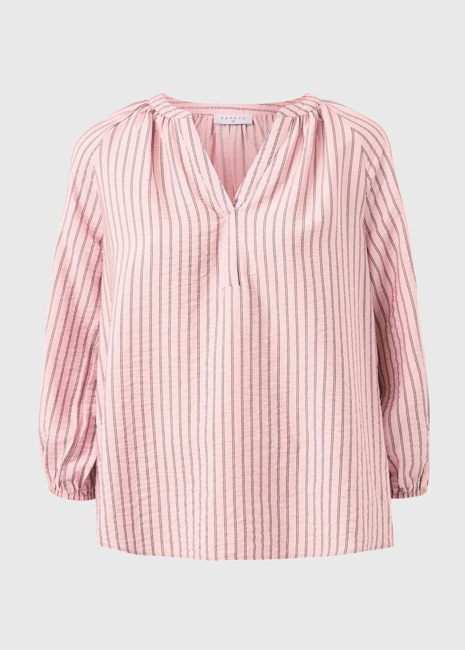 Pink Stripe 3/4 Sleeve Popover Blouse