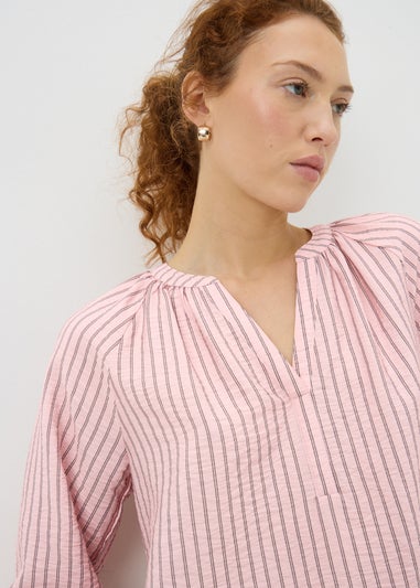 Pink Stripe 3/4 Sleeve Popover Blouse