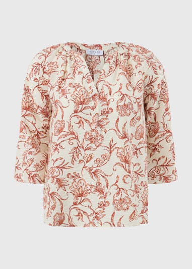 Orange Floral Pattern Popover Blouse
