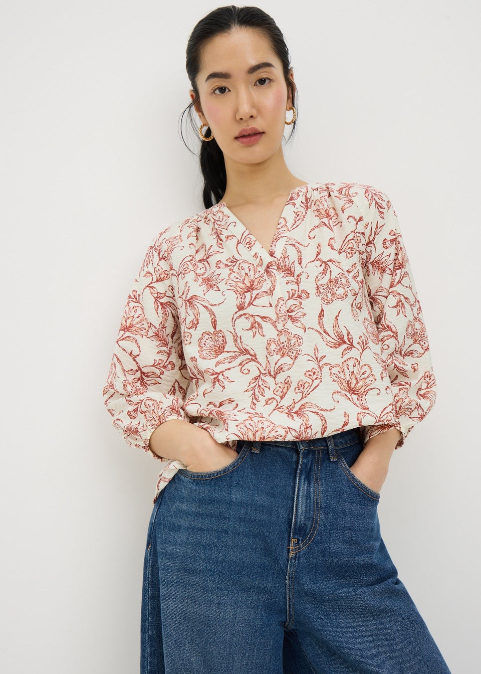 Orange Floral Pattern Popover Blouse