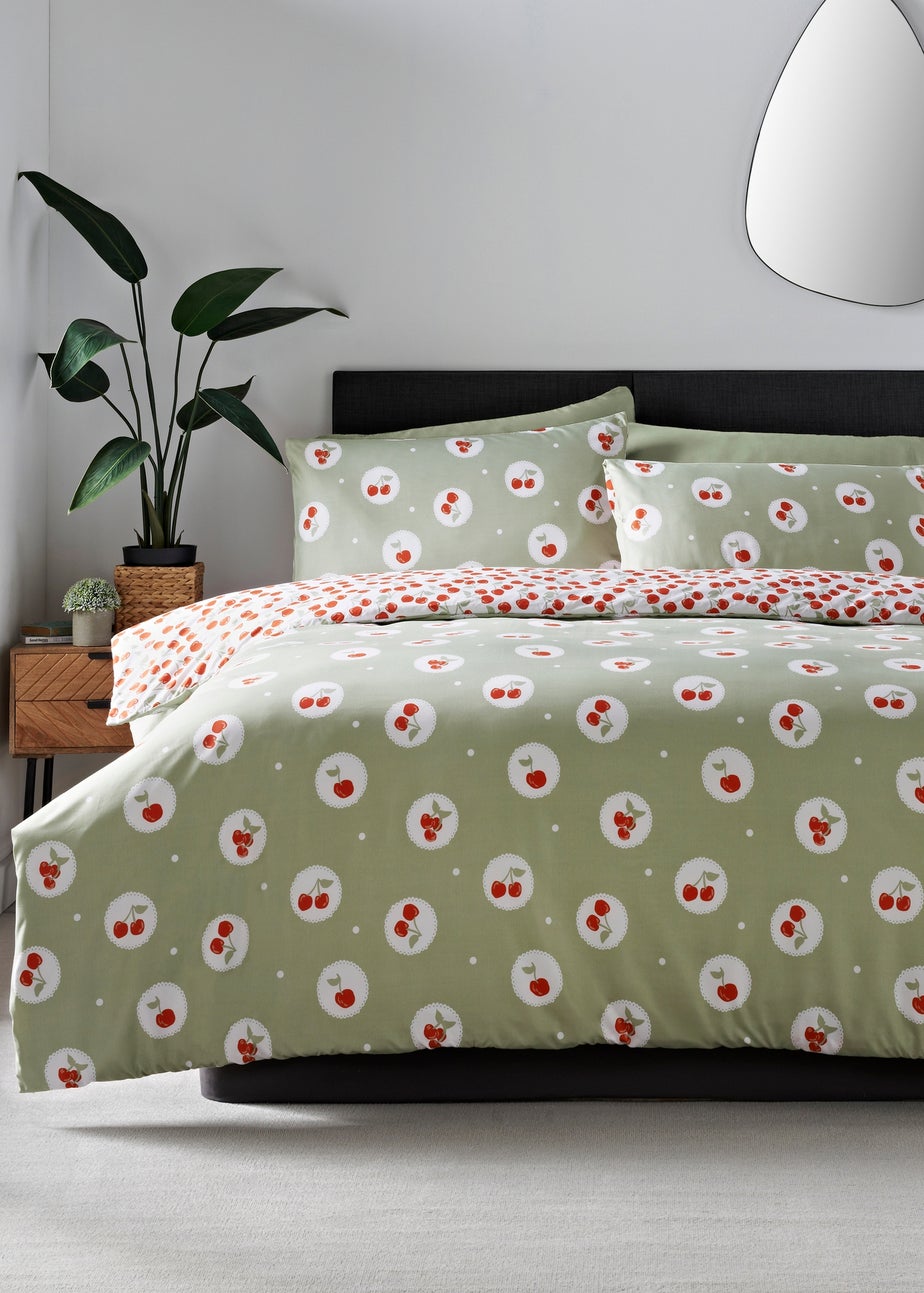 Green Cherry Print Microfibre Duvet Set