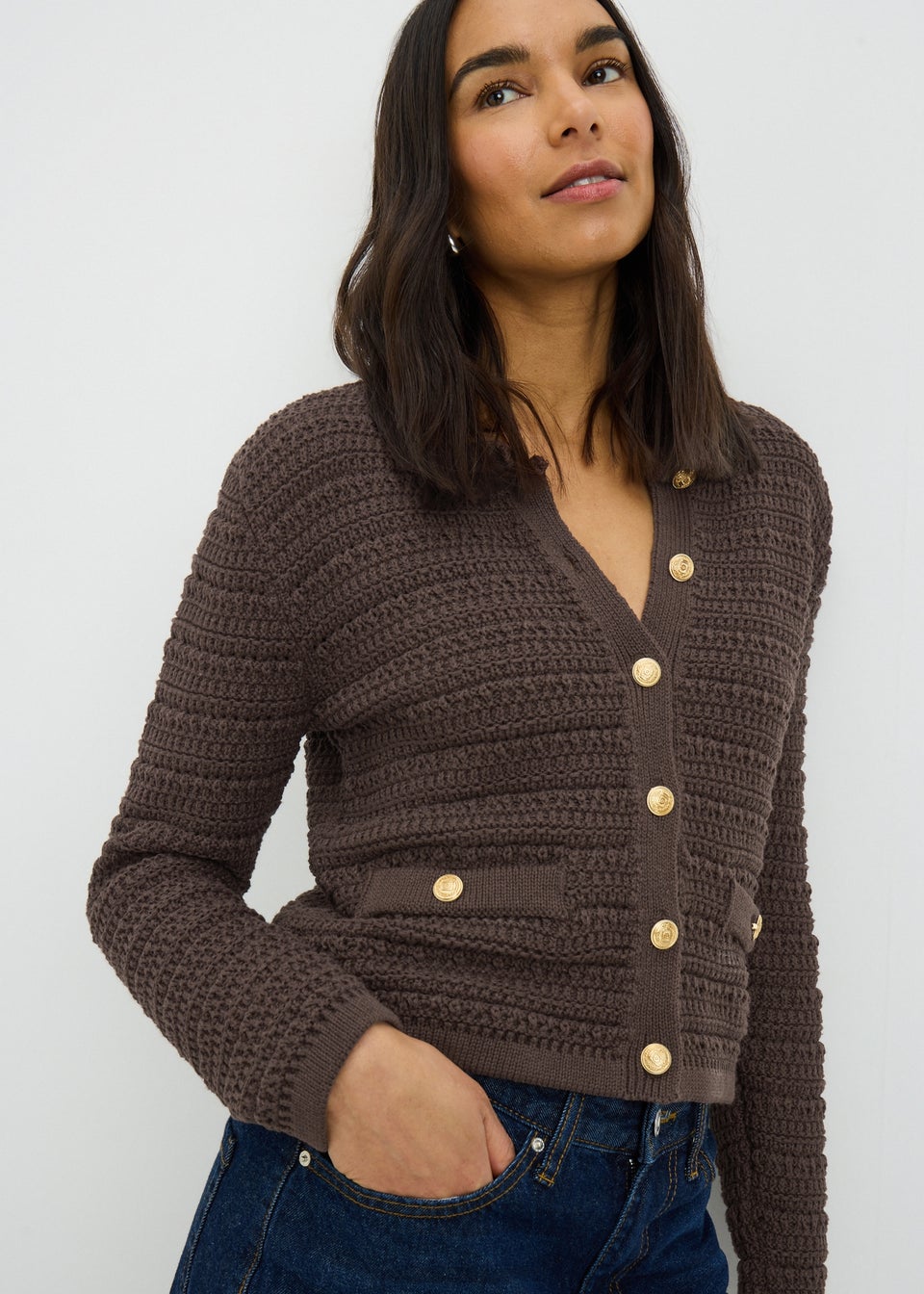 Chocolate Brown Stitch Button Cardigan
