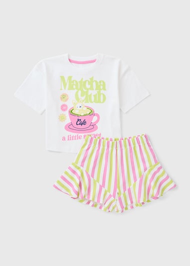 Girls White Matcha Club Stripe Short Pyjama Set (7-13yrs)