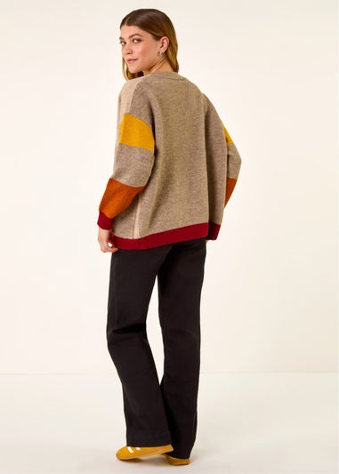 Roman Beige Colour Block Knit Cardigan