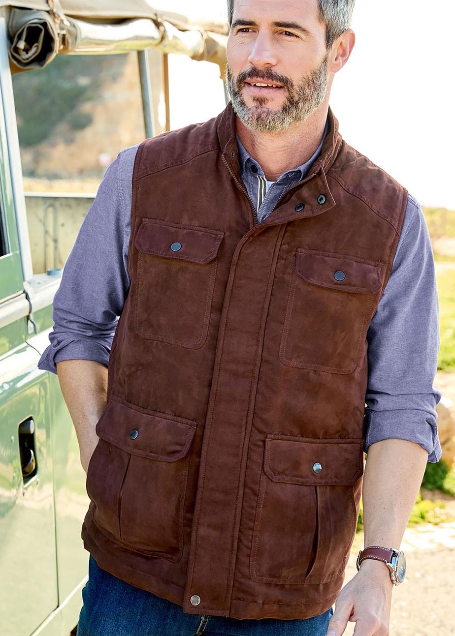 Cotton Traders Warm Brown Faux Suede Multi Pocket Gilet