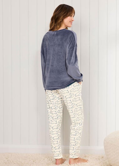 Cotton Traders Steel Blue Velour PJ Set