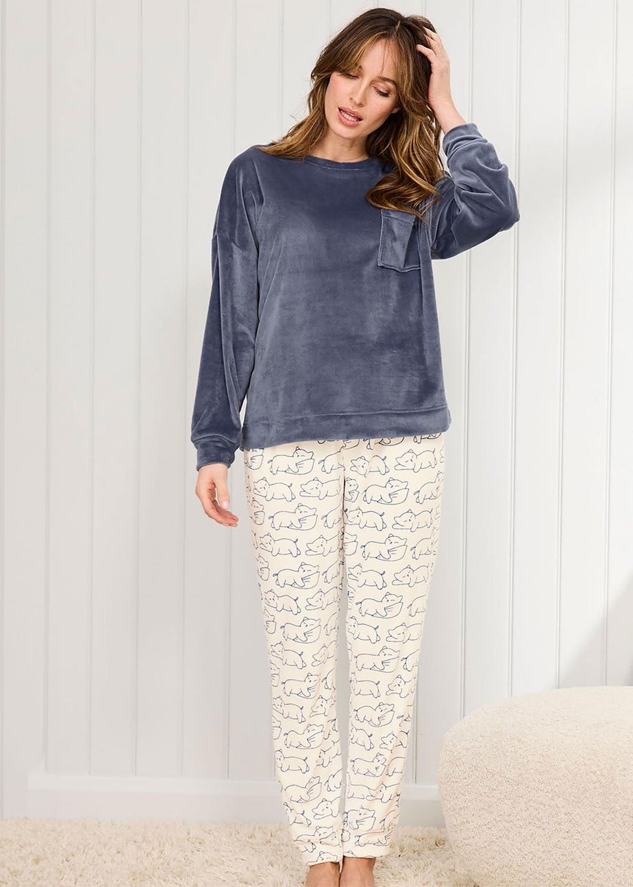 Cotton Traders Steel Blue Velour PJ Set