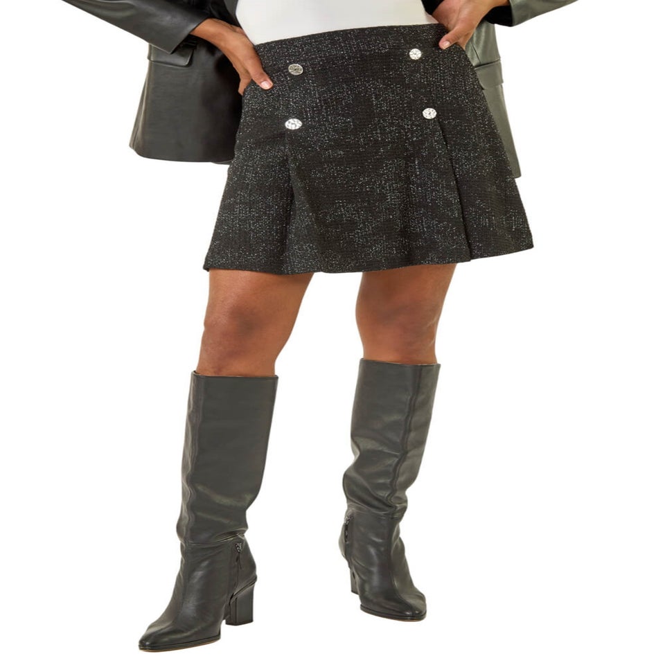 Roman Black Pleated Box Button Skirt