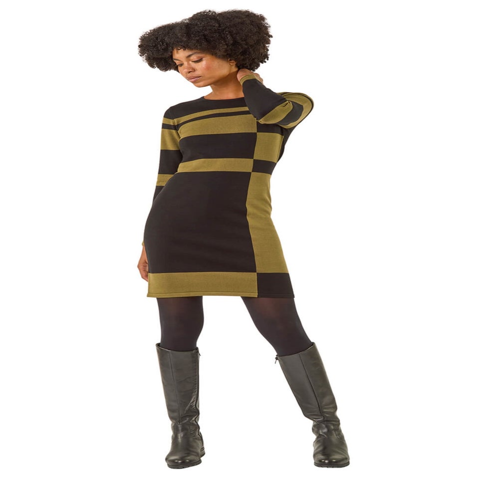 Roman Khaki Colour Block Knitted Dress