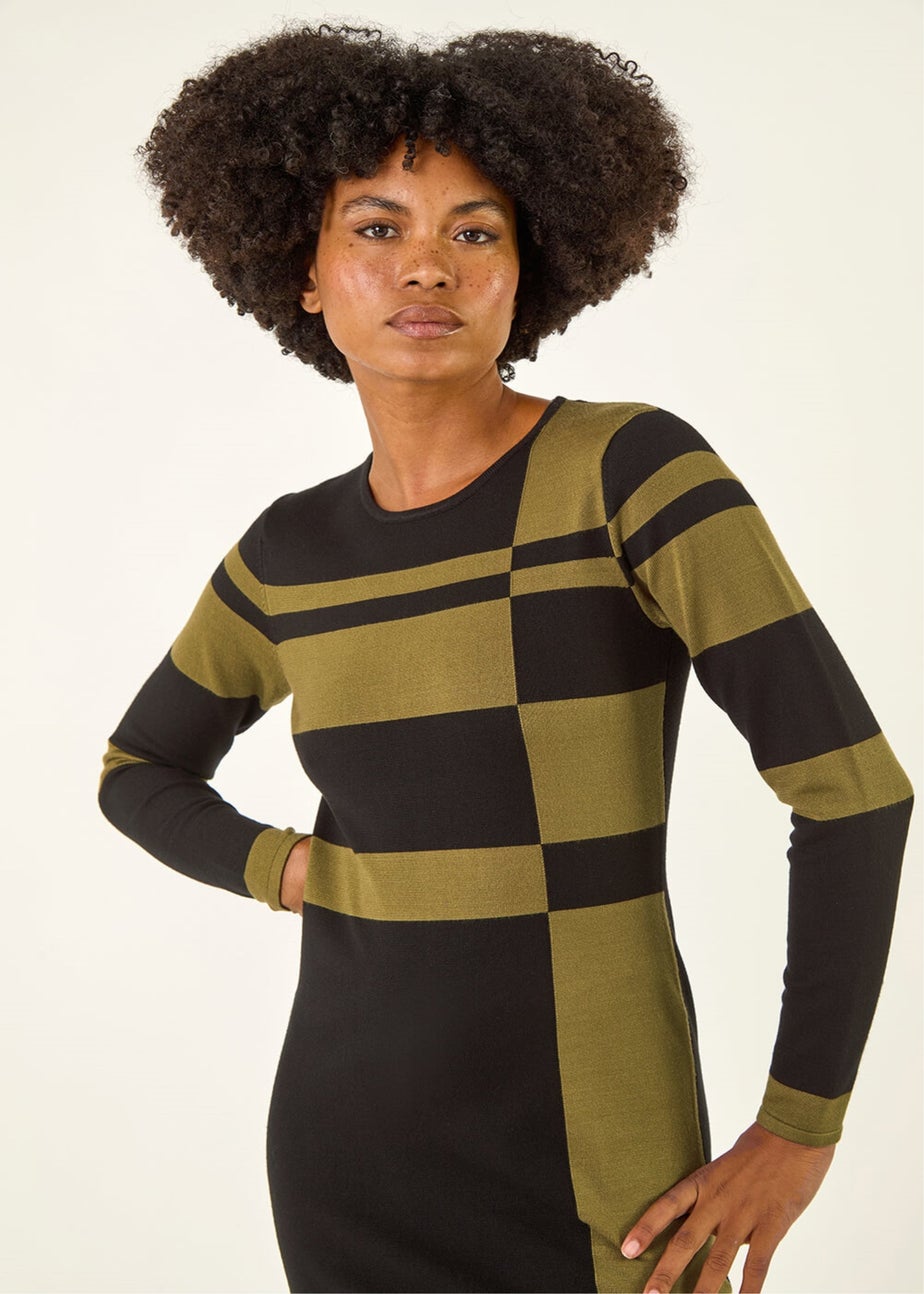 Roman Khaki Colour Block Knitted Dress