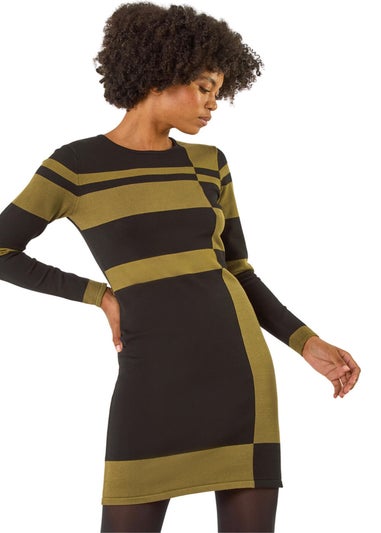 Roman Khaki Colour Block Knitted Dress