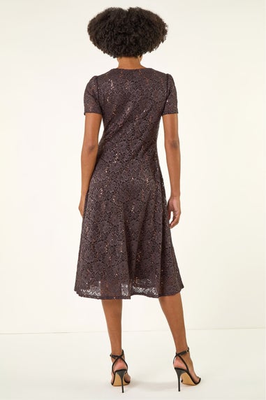 Roman Chocolate Sequin Lace Twist Front Midi Dress