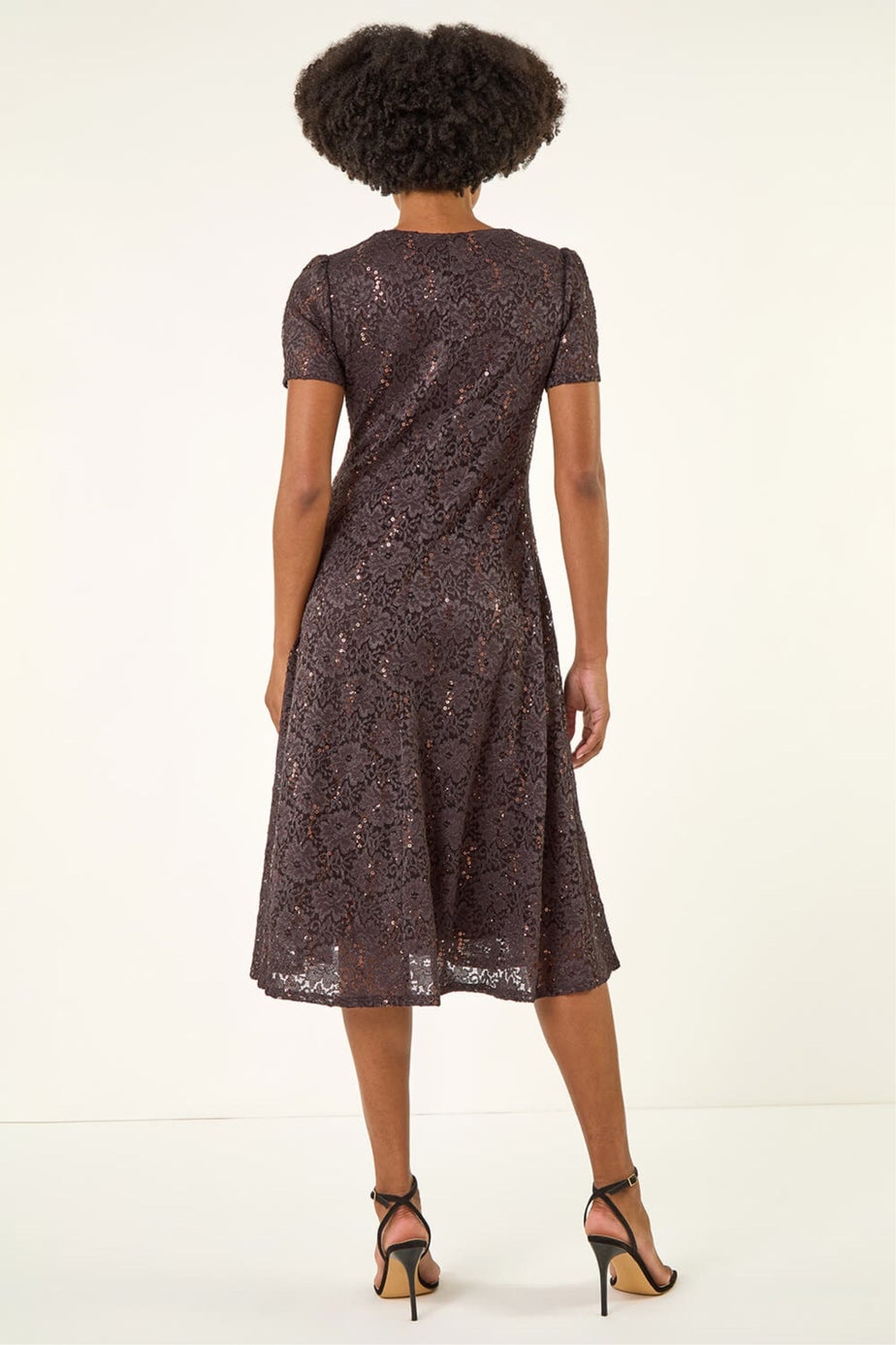 Roman Chocolate Sequin Lace Twist Front Midi Dress