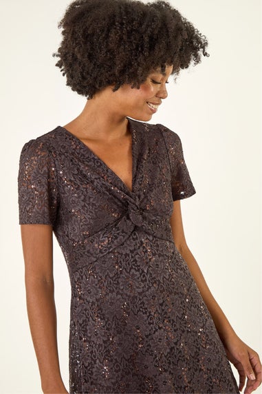 Roman Chocolate Sequin Lace Twist Front Midi Dress