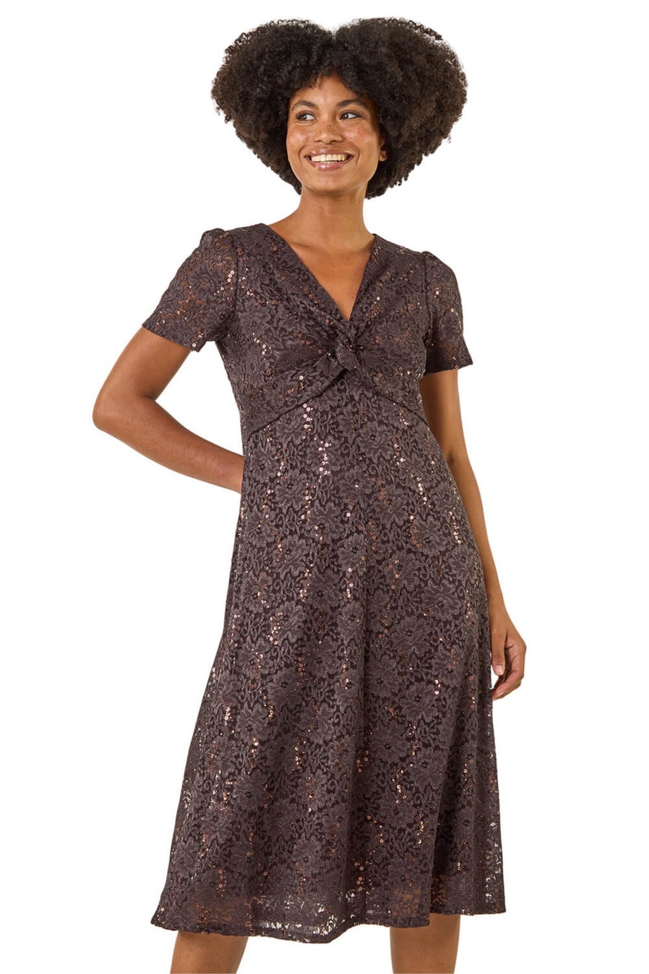 Roman Chocolate Sequin Lace Twist Front Midi Dress