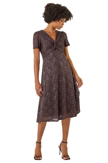 Roman Chocolate Sequin Lace Twist Front Midi Dress