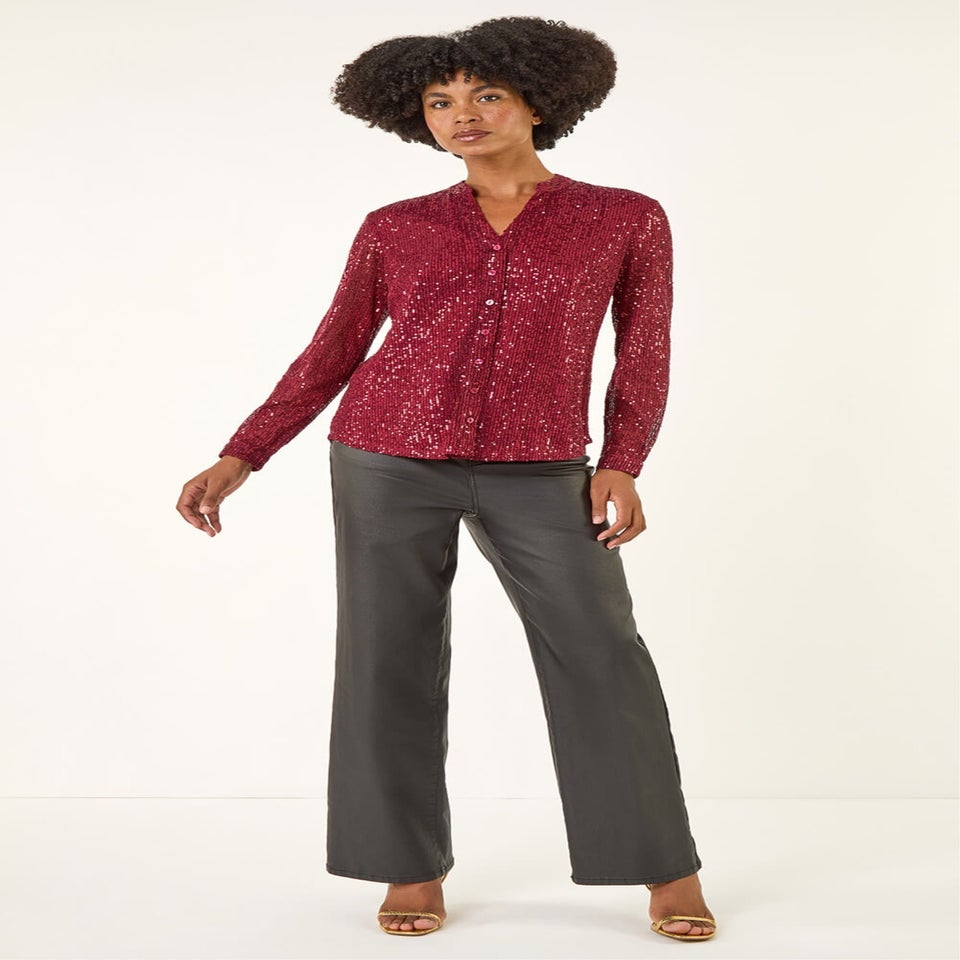 Roman Bordeaux Sequin V-Neck Stretch Blouse